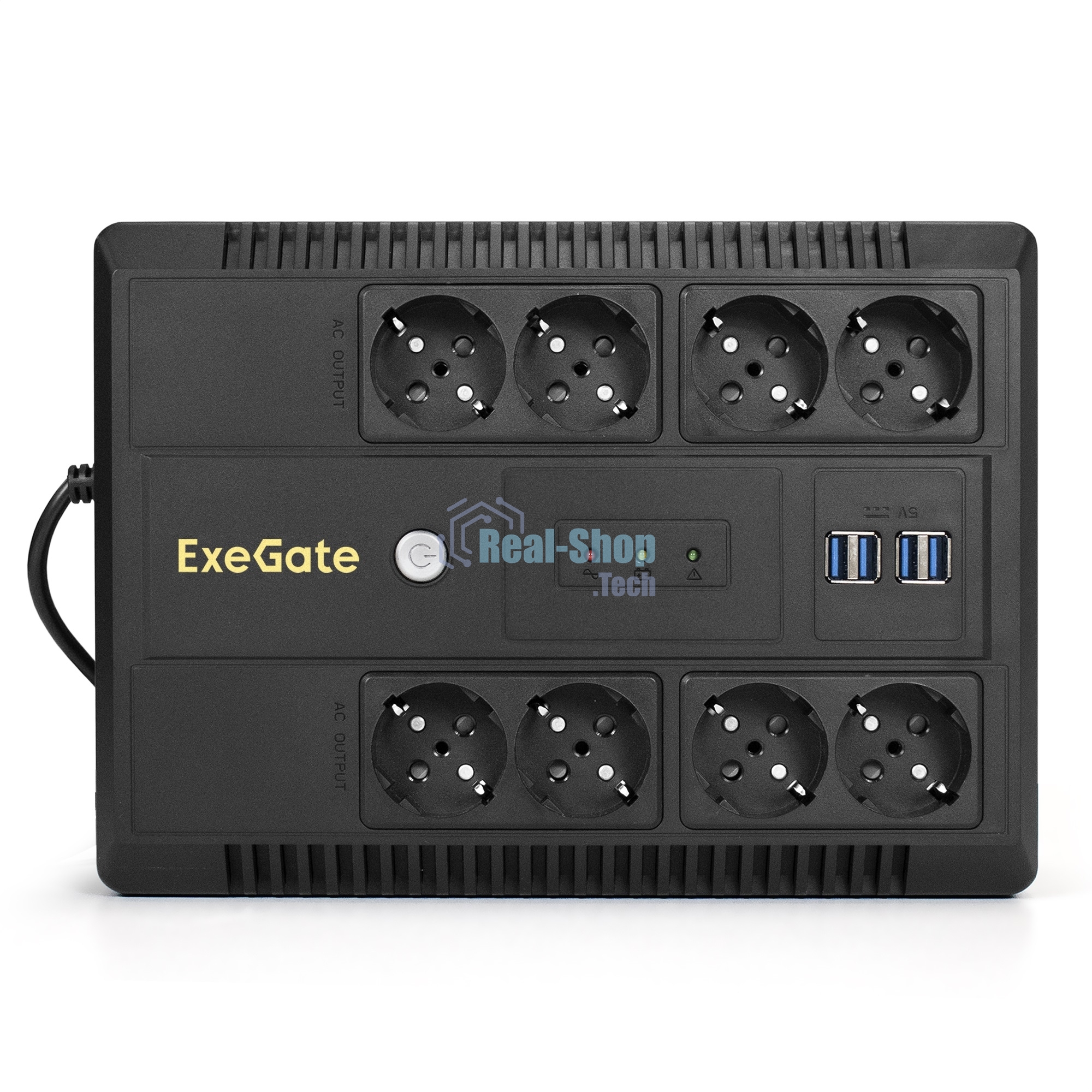 Источник бесперебойного питания ExeGate NEO NNB-1000.LED.AVR.8SH.CH 1000VA/650W, LED, AVR, 8*Schuko, 4*USB-порта для зарядки, черный