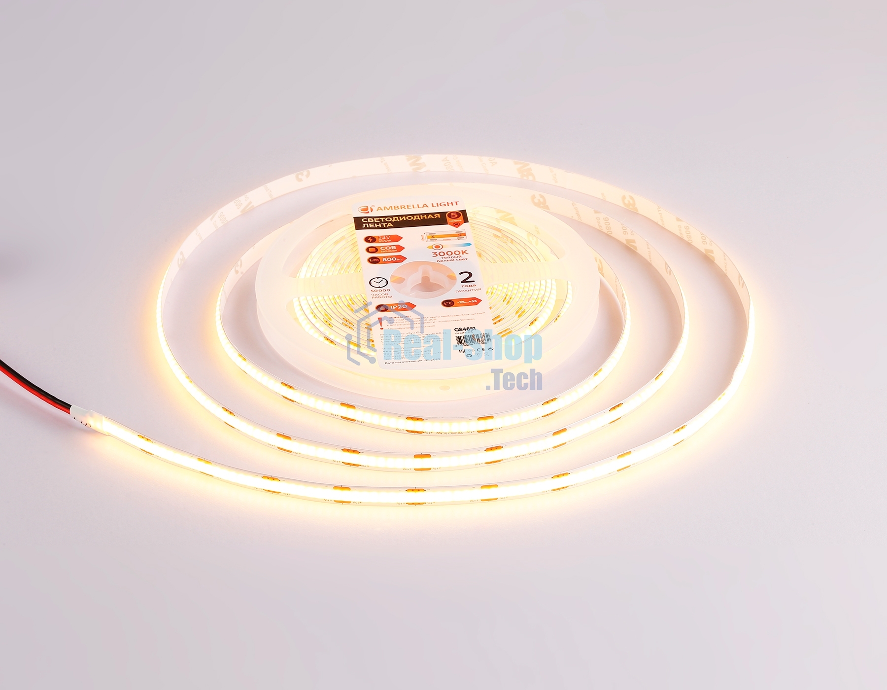 Светодиодная лента Ambrella light GS4651 COB 320Led/ 10W m/ 24V IP20 3000K/ 5000*8*1.54mm (2 конт.)