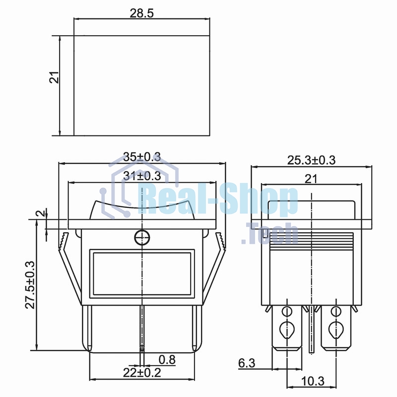 Выключатель клавишный Rexant 250V 15А (6с) ON-OFF-ON черный с нейтралью