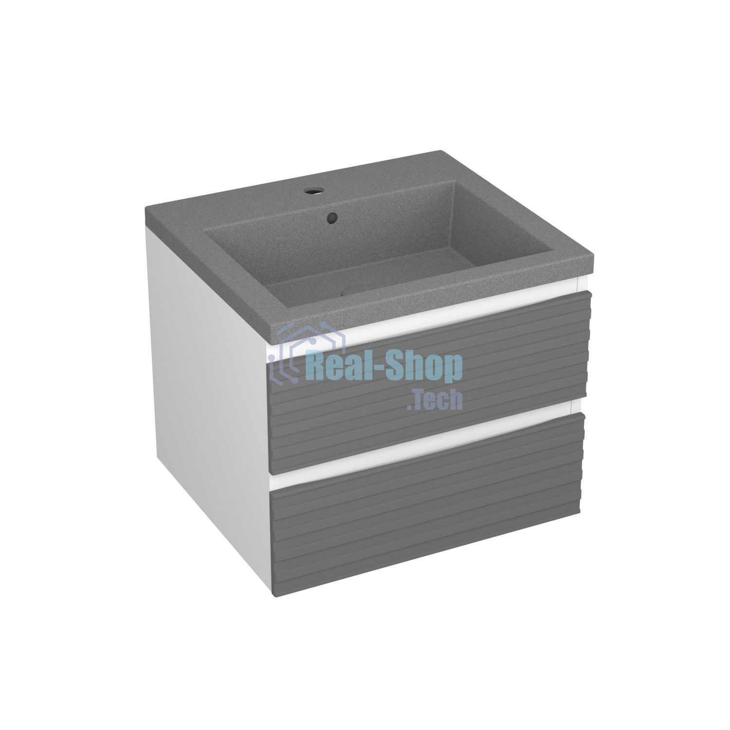 Тумба под раковину Bau Stil Loft grey brushed, раковина кварцевая BAU Stil 50, серый металлик, смеситель Hotel Black, черный