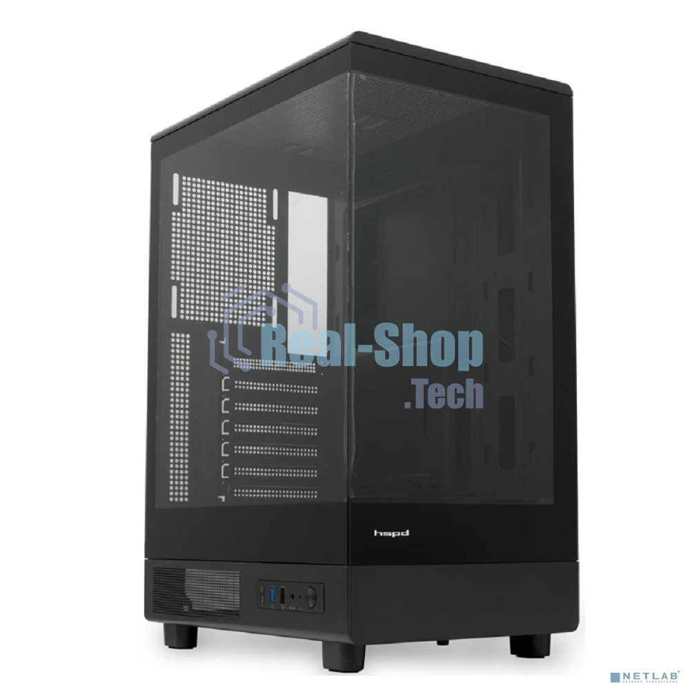 Компьютерный корпус без блока питания HSPD F510, Panoramic Mid Tower, черный, TG, 0.5 SPCC, no fans ATX, mATX, mITX 180/280/160мм 1x2.5