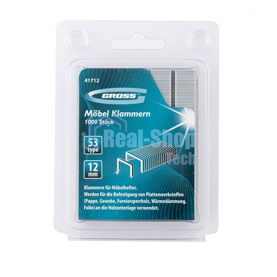 Скобы Gross 12 мм, для мебельного степлера, усиленные, тип 53, 1000 шт.