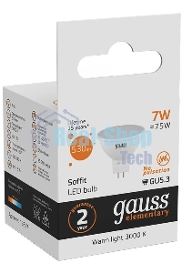 Лампа светодиодная Gauss LED Elementary MR16 GU5.3 7W 530lm 3000K 1/10/100 0