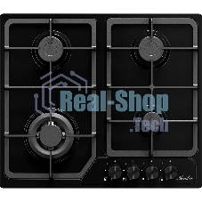 Газовая варочная панель MONSHER, газ, High-Tech, 58 см, автоматический электроподжиг, газ-контроль, форсунки под сжиженый газ, SABAF конфорки, чугунные решетки, черный