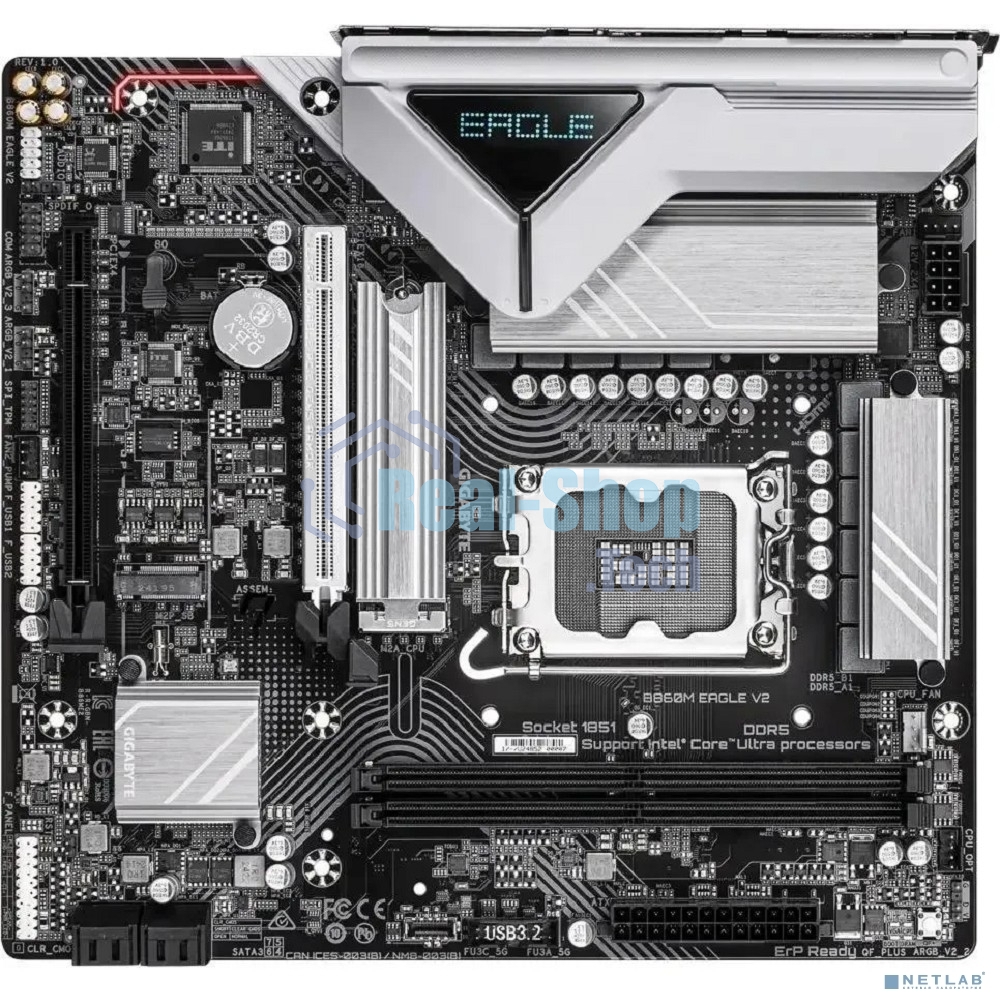 Материнская плата Gigabyte B860M EAGLE V2, LGA1851, Intel B860, 2xDDR5, 4xSATA, 2xM.2, 1xPCIe 5.0 x16, 1xPCIe 4.0 x4, 1xDP, 1xHDMI, 1x2.5Gb LAN, 3xUSB-A 5Gbps, 7xUSB-A 2.0, 1xUSB-C 5Gbps, 3x3.5 мм, 7.1, mATX
