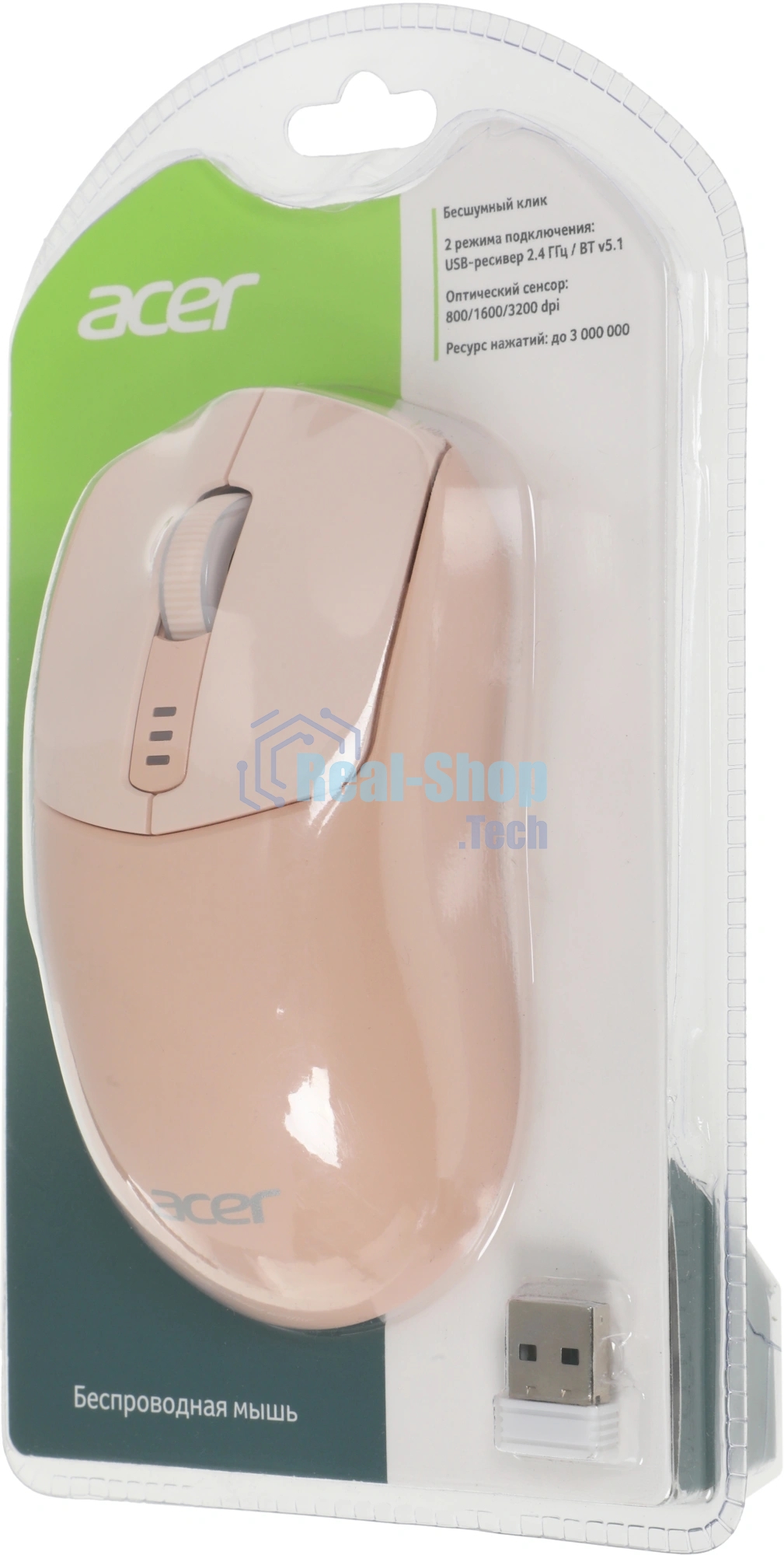 Мышь беспроводная Acer OMR312 розовый, 3200 dpi, радиоканал, Bluetooth, USB, кнопки - 5