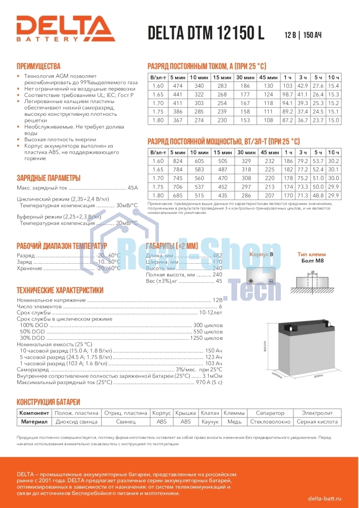 Аккумуляторная батарея Delta BATTERY DTM 12150 L