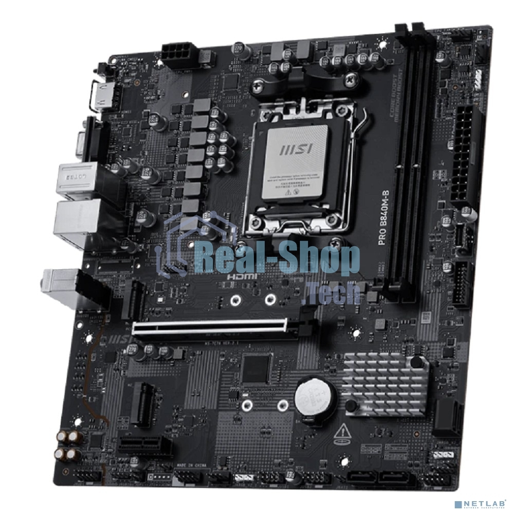 Материнская плата MSI PRO B840M-B, AM5, AMD B840, 2xDDR5, 4xSATA, 2xM.2, 1xPCIe 4.0 x16, 1xPCIe 3.0 x1, 1xHDMI, 1xVGA, 1x2.5Gb LAN, 4xUSB-A 5Gbps, 2xUSB-A 2.0, 3x3.5 мм, 7.1, mATX