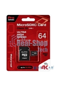Флеш карта QUMO MicroSDXC 64Gb 90/45 МБ/с UHS-I U3, Pro seria 3.0, адаптер в комплекте SD, красная картонная упаковка