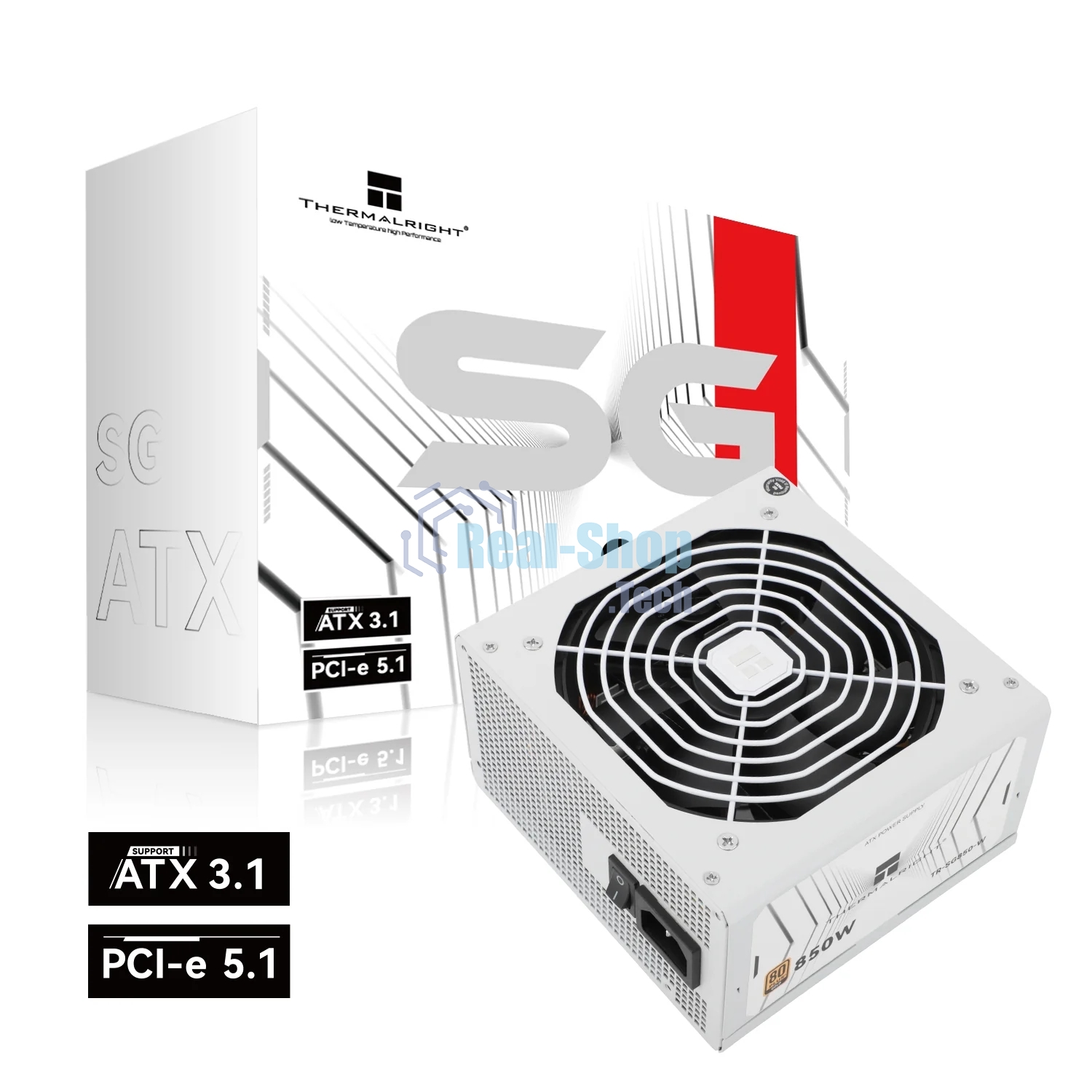 Блок питания Thermalright, 850W 80+ Gold (ATX, 3.1, PCIe 5.1, Non-modular, 1x24(20+4)pin, 1xCPU 8(4+4)pin, 2xPCIe*2 8(6+2)pin, 5xSATA3, 1x12+4pin (12VHPWR PCIe 5.1 12+4pin 600mm), 3xMOLEX4pin, Active, 120x120мм, 150x140x86mm, APFC, white)