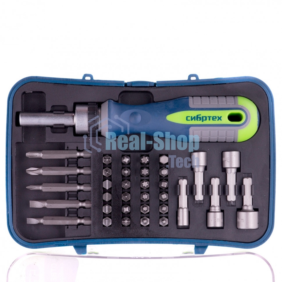Отвертка реверсивная Сибртех с набором бит и торцевыми головками 35 шт., CrV