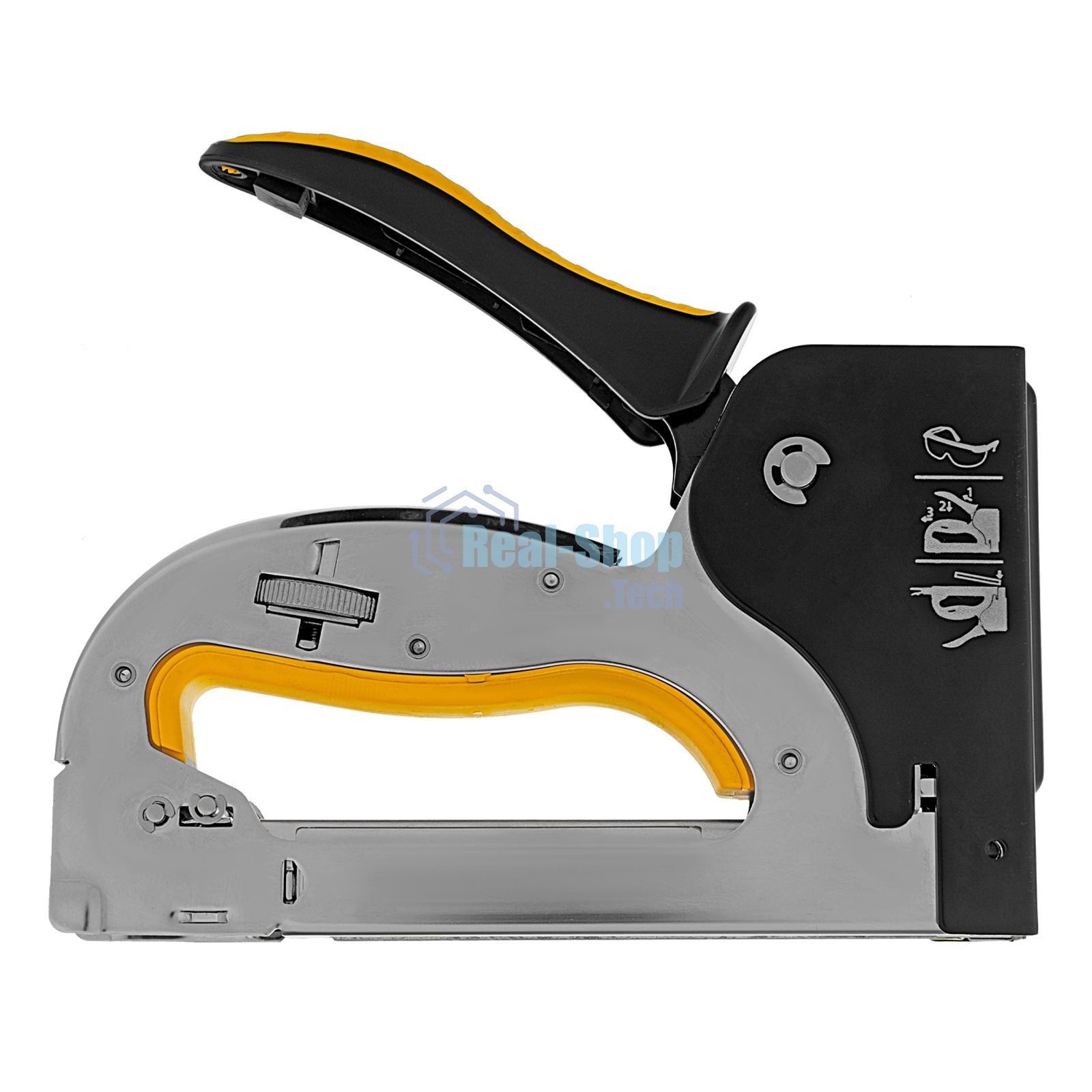 Степлер Denzel металл., скобы в комплекте, плавная регулировка удара, 2К рукоятка, тип 53, 4-14 мм