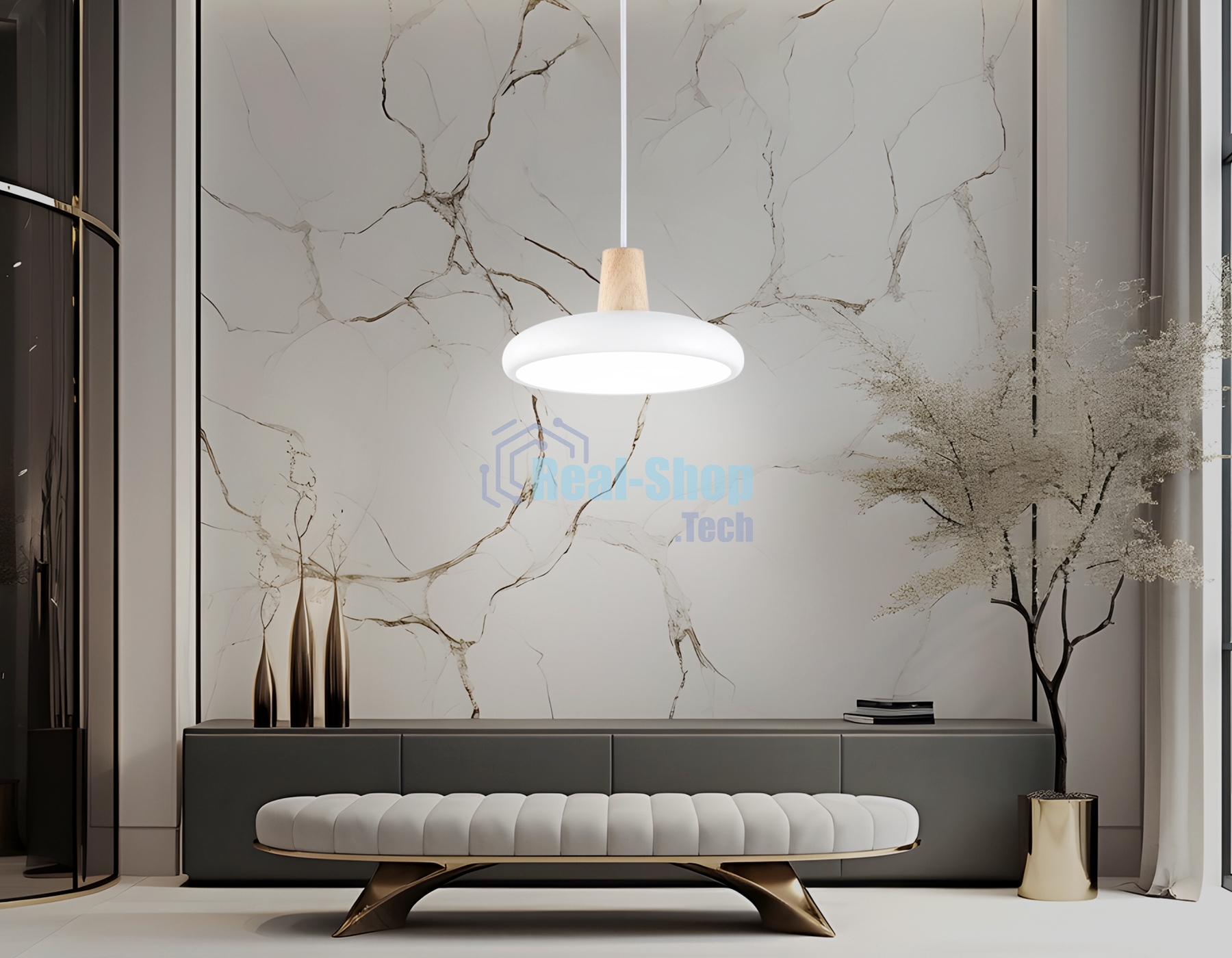Светильник Ambrella light FL4838 WH/WD белый/дерево 24W 3000-6000K D200*800 (без ПДУ)