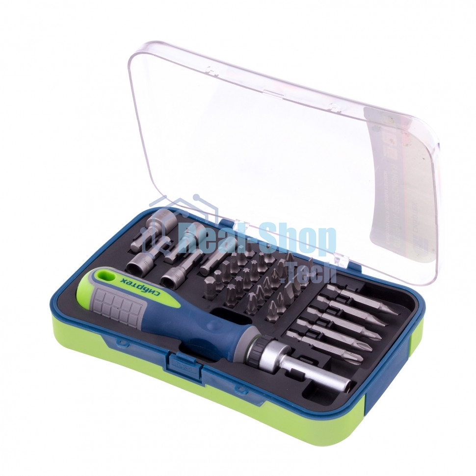 Отвертка реверсивная Сибртех с набором бит и торцевыми головками 35 шт., CrV