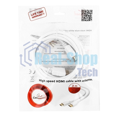 Кабель Cablexpert HDMI CC-HDMI4-W-10, 19M/19M, v2.0, медь, позол.разъемы, экран, 3 м, белый, пакет
