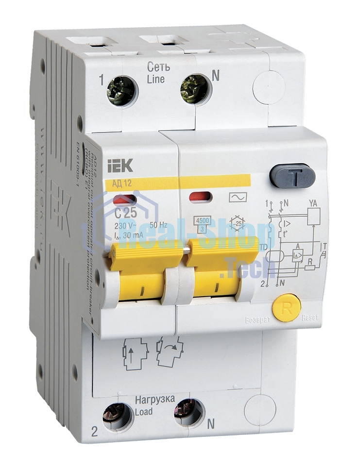 Выключатель автоматический дифференциального тока ИЭК 2п 25А/30мААД-12 MAD10-2-025-C-030