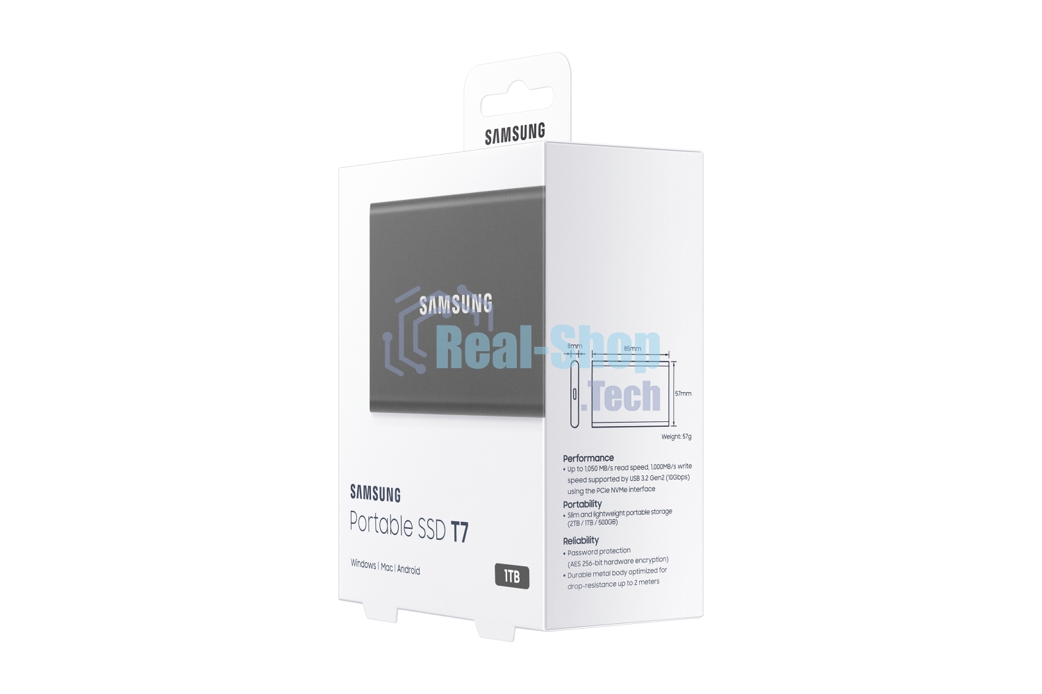Внешний SSD Samsung T7, 1TB, USB 3.2 Gen 2 Type-C, R/W 1050/1000, серый