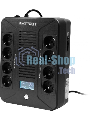 Источник бесперебойного питания SMARTWATT UPS SAFE PRO LCD 800 черный 800/480 ВА/Вт, напольный/настенный, линейно-интерактивный, LCD дисплей, Shuko CEE7/4 - 8 шт. (4 шт. с резервным питанием, 4 шт. - сетевой фильтр)