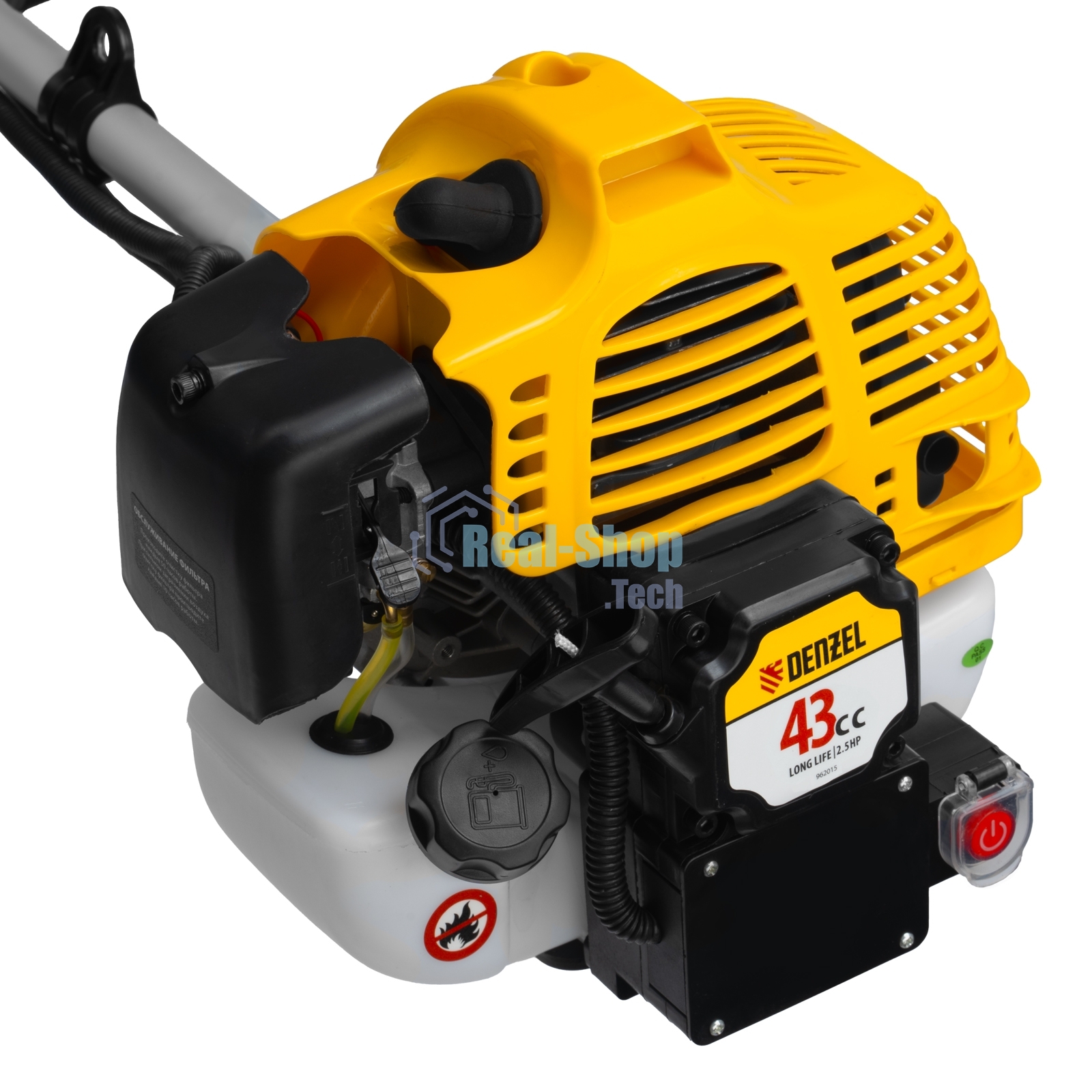 Триммер бензиновый Denzel DT-43E, 43 см3, неразъемная штанга, электростартер, состоит из 2 частей