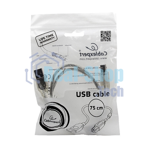 Кабель Cablexpert USB2.0 Pro, AM/BM, 0,75м, экран, 2 феррит.кольца, прозрачный (CCF-USB2-AMBM-TR-0.75M)