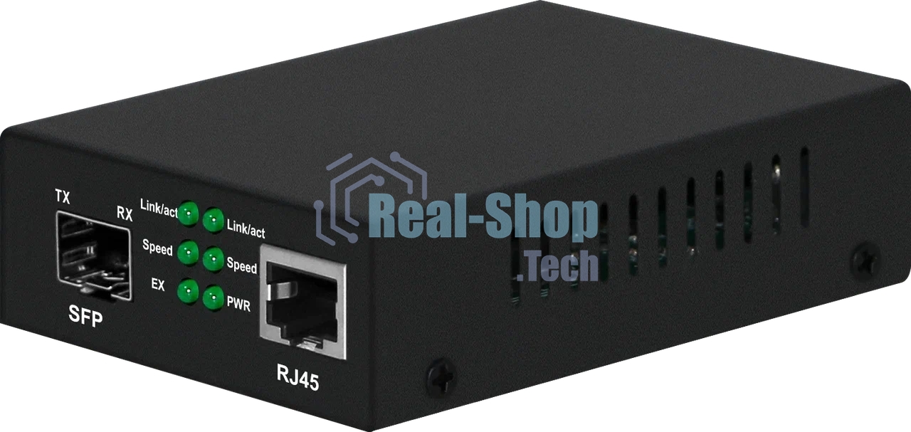 Медиаконвертер Gigabit Ethernet, SFP 1000Мбит/c, RJ45 10/100/1000Мбит/c, поддержка LFP. Металлический корпус. БП DC12V(1A) в комплекте. Размеры (ШхВхГ): 70x25x95мм. Вес: 0,2кг. Рабочая температура: -10…+55°С. Совместим с шасси NS-MCB-14.