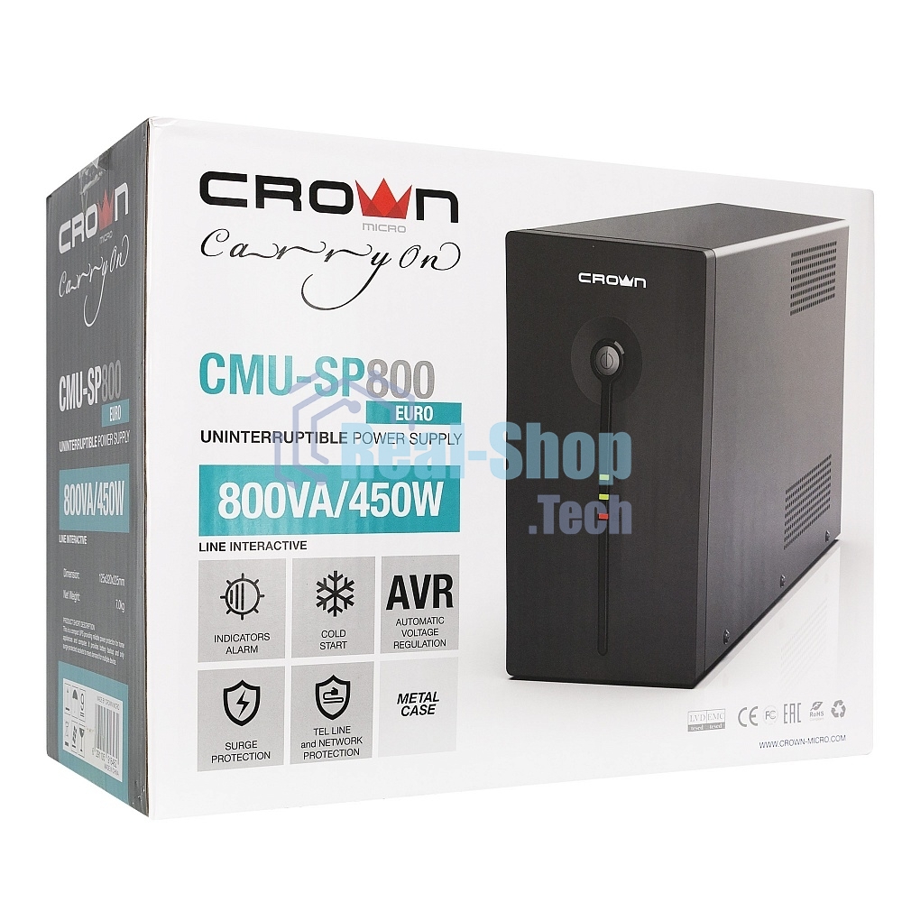 Источник бесперебойного питания CROWN ИБП CMU-SP800EURO 800VA, металл,1x12V/9AH, розетки 3*EURO+1*IEC bybas CM000001492