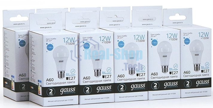 Лампа светодиодная Gauss Elementary 12Вт цок.: E27 груша 220B 4100K св. свеч. белый ней. A60 (упак.: 10 шт)