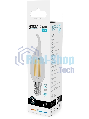 Лампа филам. Gauss Filament 12Вт цок.:E14 свеча св.свеч.бел.нейт. (упак.:10шт) (42122)
