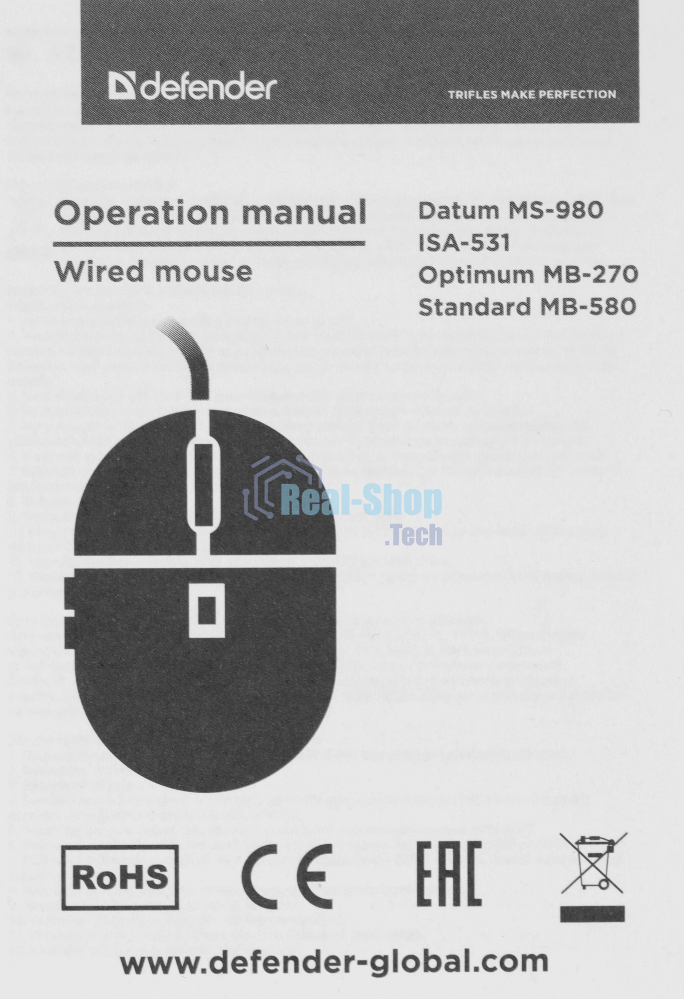 Мышь проводная Defender Standard MB-580 черный, 1000 dpi, USB, кнопки - 3