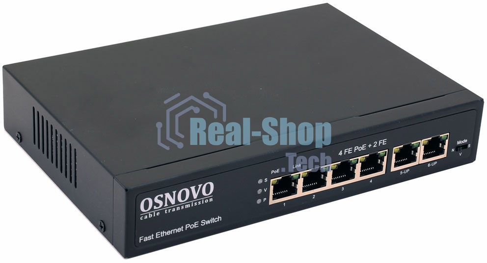 Коммутатор Osnovo SW-20600(80W) PoE коммутатор 6 портов, 4 PoE порта 10/100 Base-T, 2*10/100 Base-T Uplink, до 30W на порт, суммарно до 80W