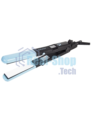 Щипцы для волос Galaxy GL 4505, голубой, 65 Вт, нагревательный элемент с защитой от перегрева, сменные пластины с керамическим покрытием: 89x27,5 мм и 89x57 мм, ЖК-дисплей с индикацией температуры, регулятор температурных режимов, шнур питания, вращающийс