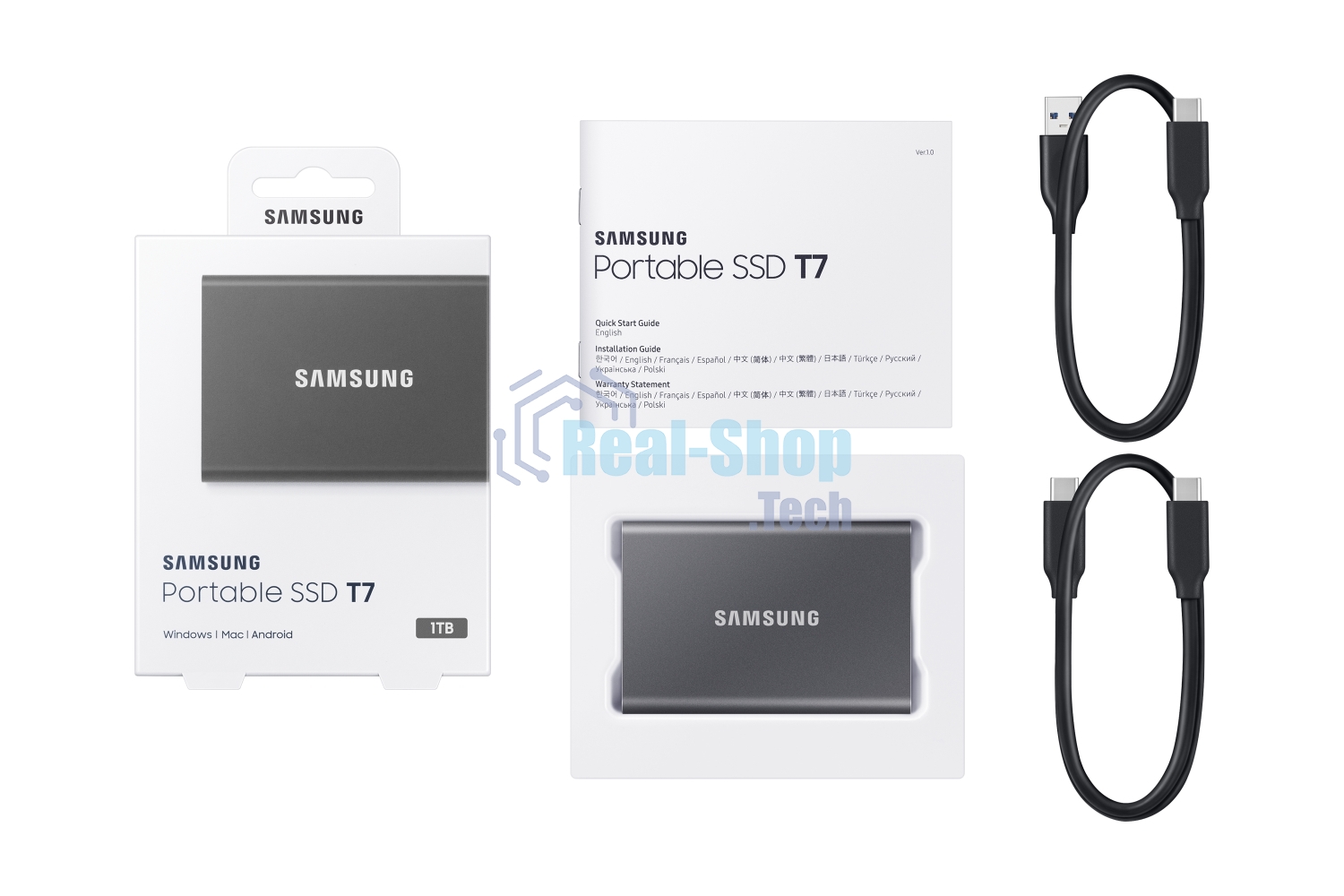 Внешний SSD Samsung T7, 1TB, USB 3.2 Gen 2 Type-C, R/W 1050/1000, серый