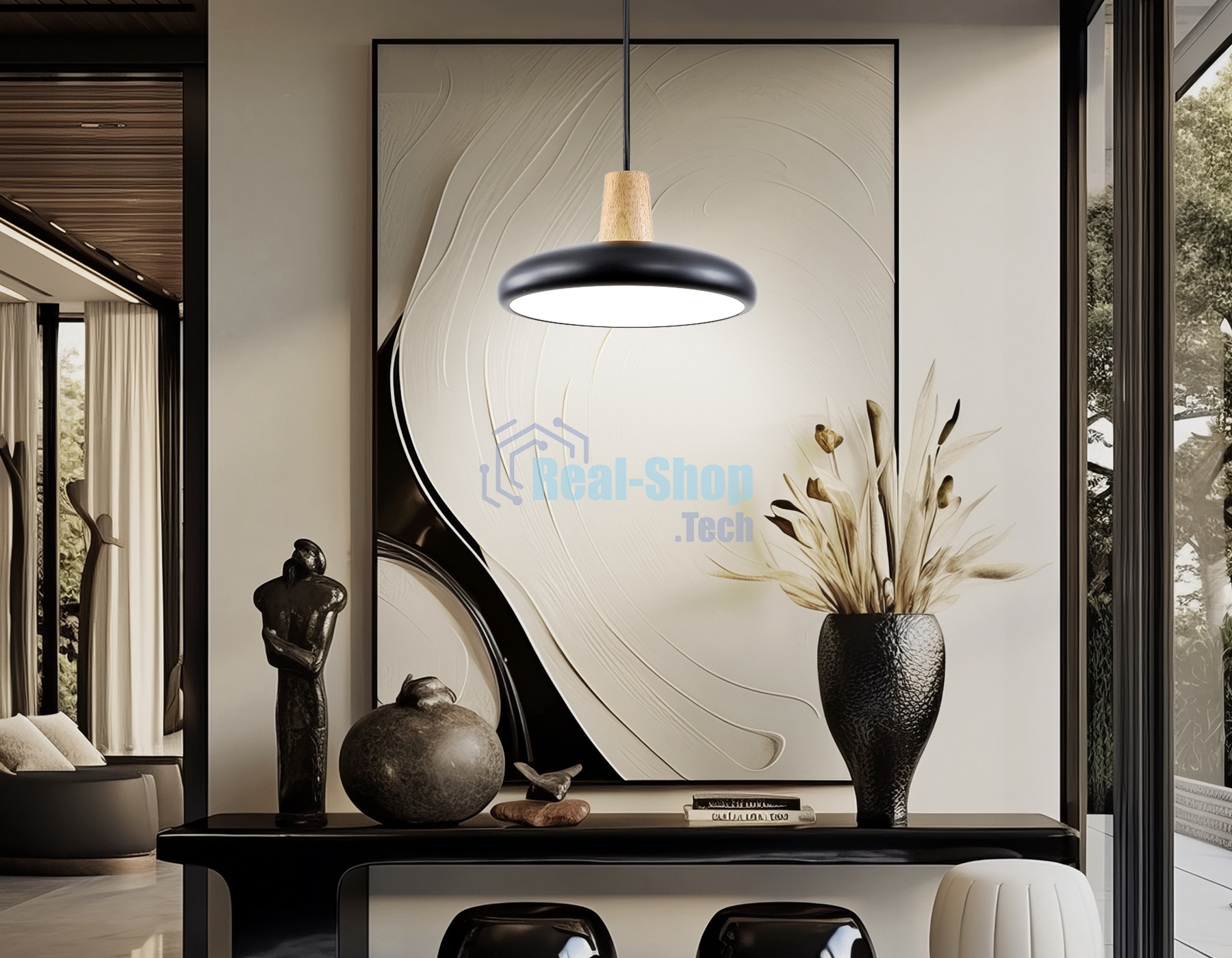 Светильник Ambrella light FL4839 BK/WD черный/дерево 24W 3000-6000K D200*800 (без ПДУ)