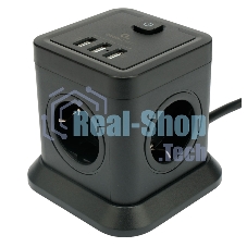 Сетевой фильтр Cablexpert Tower, TWR-4-U3-B-3, 4р, 10А, 3xUSB, 3.1А, 3 м, ур. защиты 2+, черный, коробка