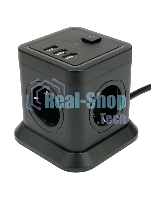 Сетевой фильтр Cablexpert Tower, TWR-4-U3-B-3, 4р, 10А, 3xUSB, 3.1А, 3 м, ур. защиты 2+, черный, коробка