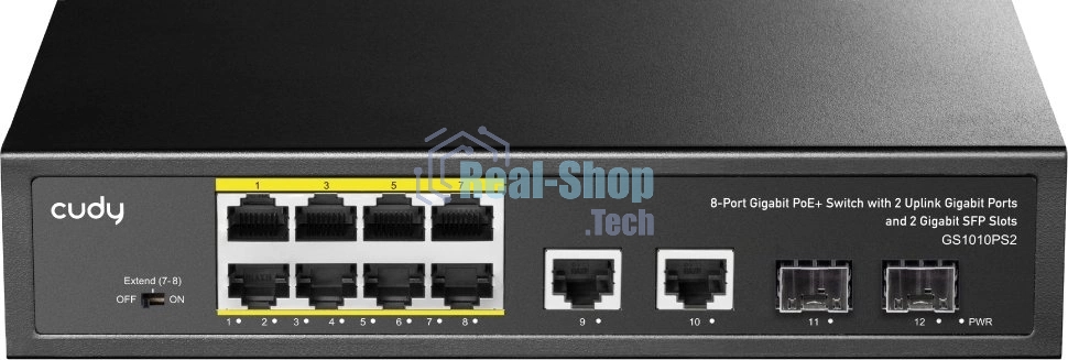 Коммутатор Cudy GS1010PS2, (L2) 10x1Gbит/с 2xКомбо(1000BASE-T/SFP) 2SFP 8PoE 120W, неуправляемый