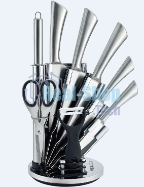 Набор кухонных ножей KELLI KL-2120 метал на подставке Высококачественная сталь 9 предметов: Топорик кухонный 16 см, Нож поварской 20 см, Нож хлебный 20 см, Нож для резки 12 см, Нож овощной 9см, Точилка, Ножницы Овощечистка с керамическим лезвием. Острая р