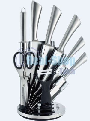 Набор кухонных ножей KELLI KL-2120 метал на подставке Высококачественная сталь 9 предметов: Топорик кухонный 16 см, Нож поварской 20 см, Нож хлебный 20 см, Нож для резки 12 см, Нож овощной 9см, Точилка, Ножницы Овощечистка с керамическим лезвием. Острая р