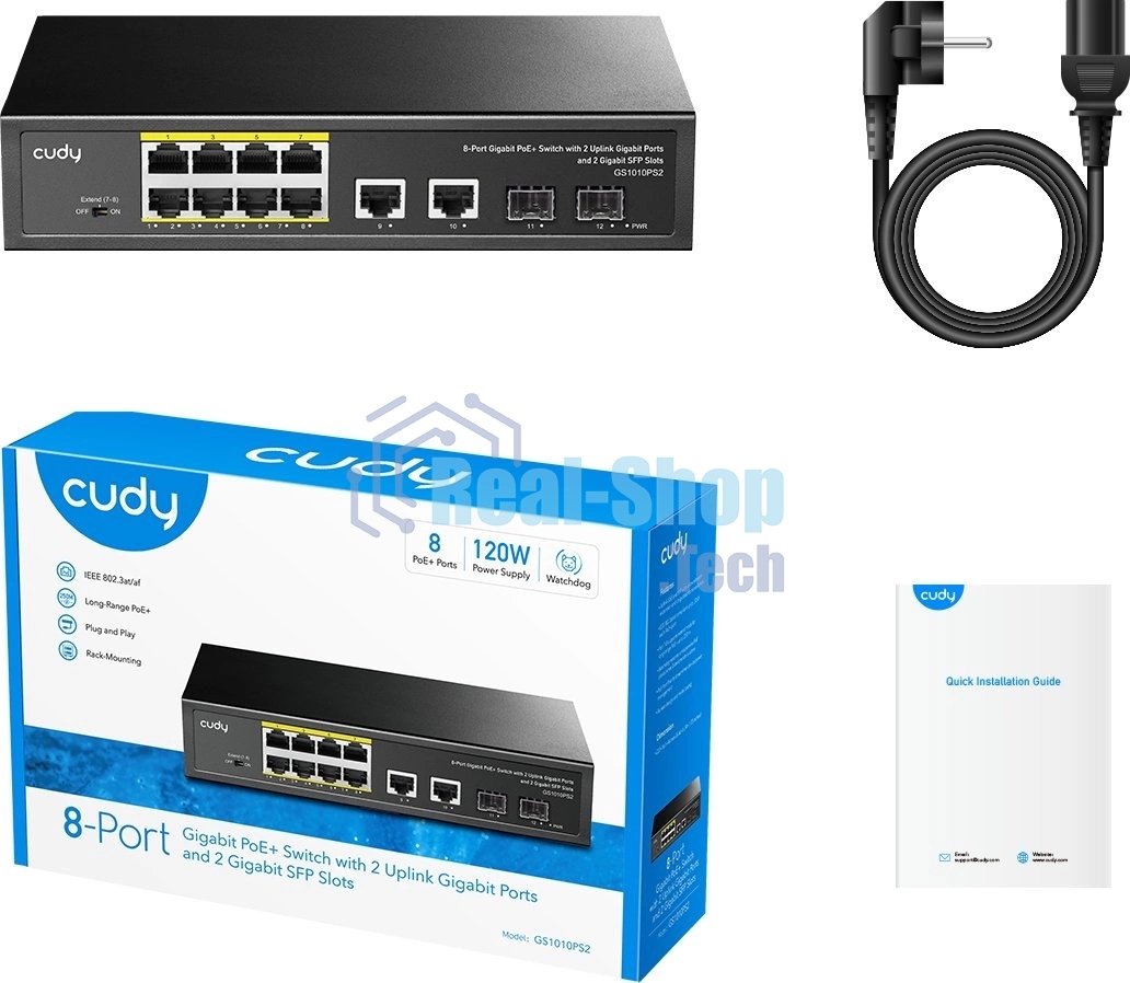 Коммутатор Cudy GS1010PS2, (L2) 10x1Gbит/с 2xКомбо(1000BASE-T/SFP) 2SFP 8PoE 120W, неуправляемый
