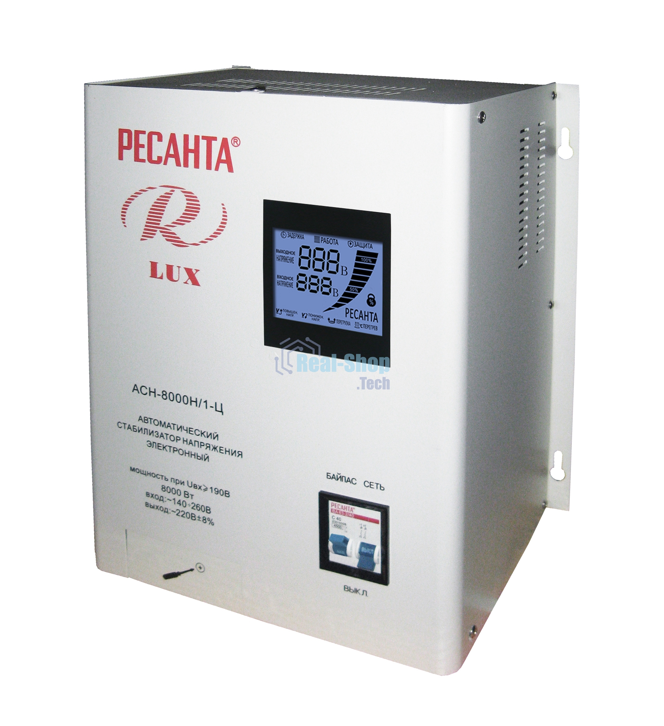 Стабилизатор напряжения Ресанта АСН-8 000 Н/1-Ц 63/6/17 Стабилизатор Lux 220В±8%, Габ. 305х190х360, Вес 15кг