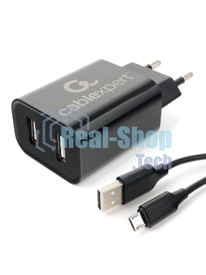 Сетевое зарядное устройство Cablexpert MP3A-PC-35 USB 2 порта, 2.4A, черный + кабель 1м micro