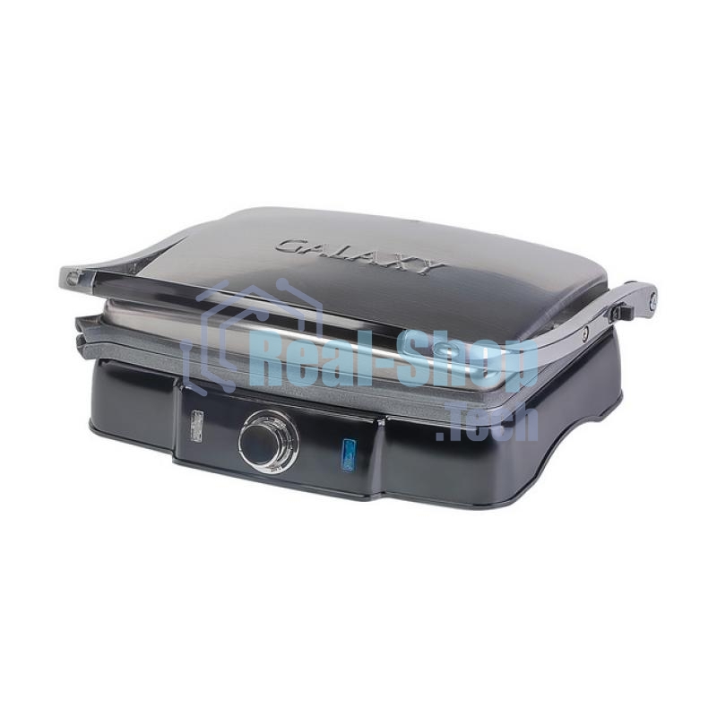 Гриль электрический Galaxy Line GL 2961, черный с серебристым, механическое управление, 2200 Вт, мраморное керамическое покрытие рабочей поверхности, корпус из нержавеющей стали, индикаторы сети и нагрева, регулятор температуры, лопатка и емкости для сбор