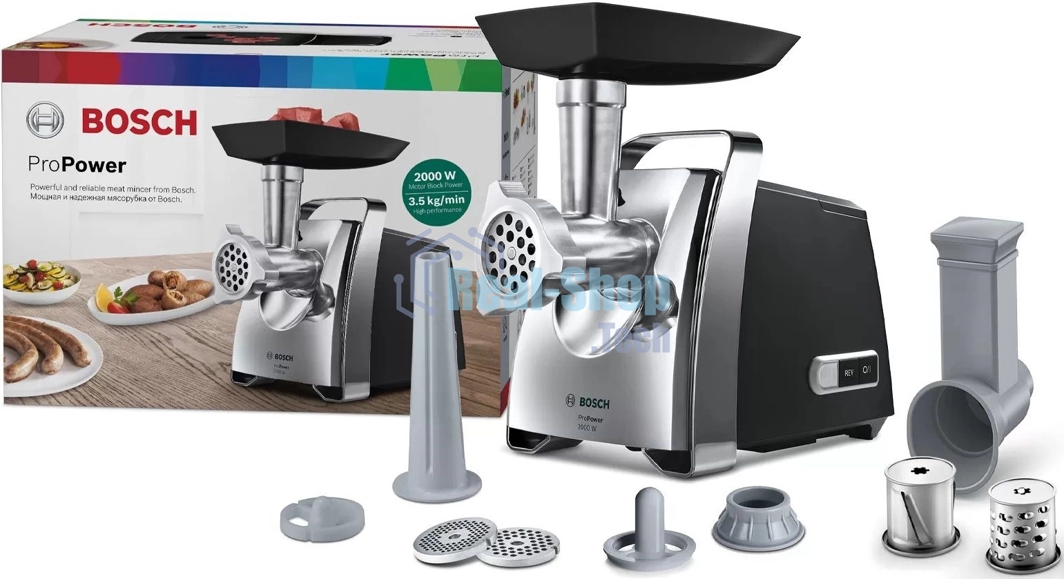 Мясорубка электрическая Bosch MFW67440 черный, 2000 Вт, 3.5 кг/мин, реверс, защита от перегрузки, насадки - 4