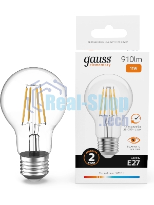 Лампа светодиодная филаментная Gauss Filament 11Вт цок.: E27 груша св. свеч. бел. теп. (упак.: 10 шт)