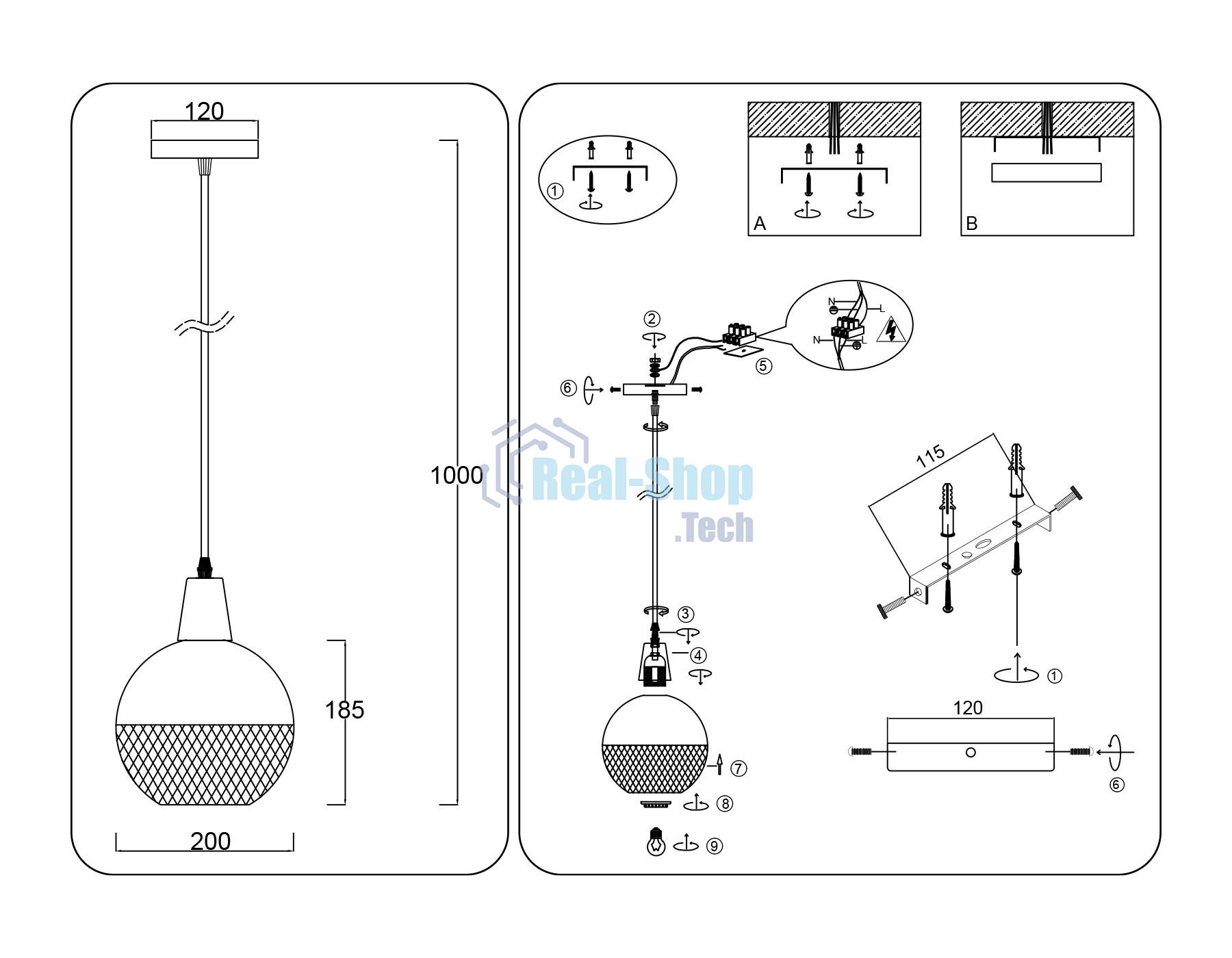Светильник Ambrella light TR8504 BK/CP черный/медь E27 max 60W D200*1000