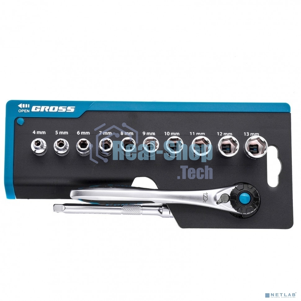 Набор торцевых головок Gross, трещотка 120 зубьев, 12 предметов, 1/4