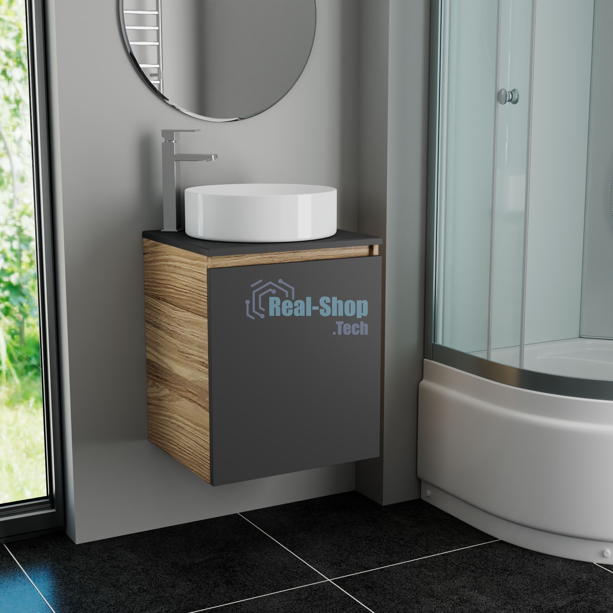 Тумба Bau Dream Blackwood 50 графит, раковина BAU Dream круглая D41, смеситель для раковины высокий Hotel Still, нержавеющая сталь