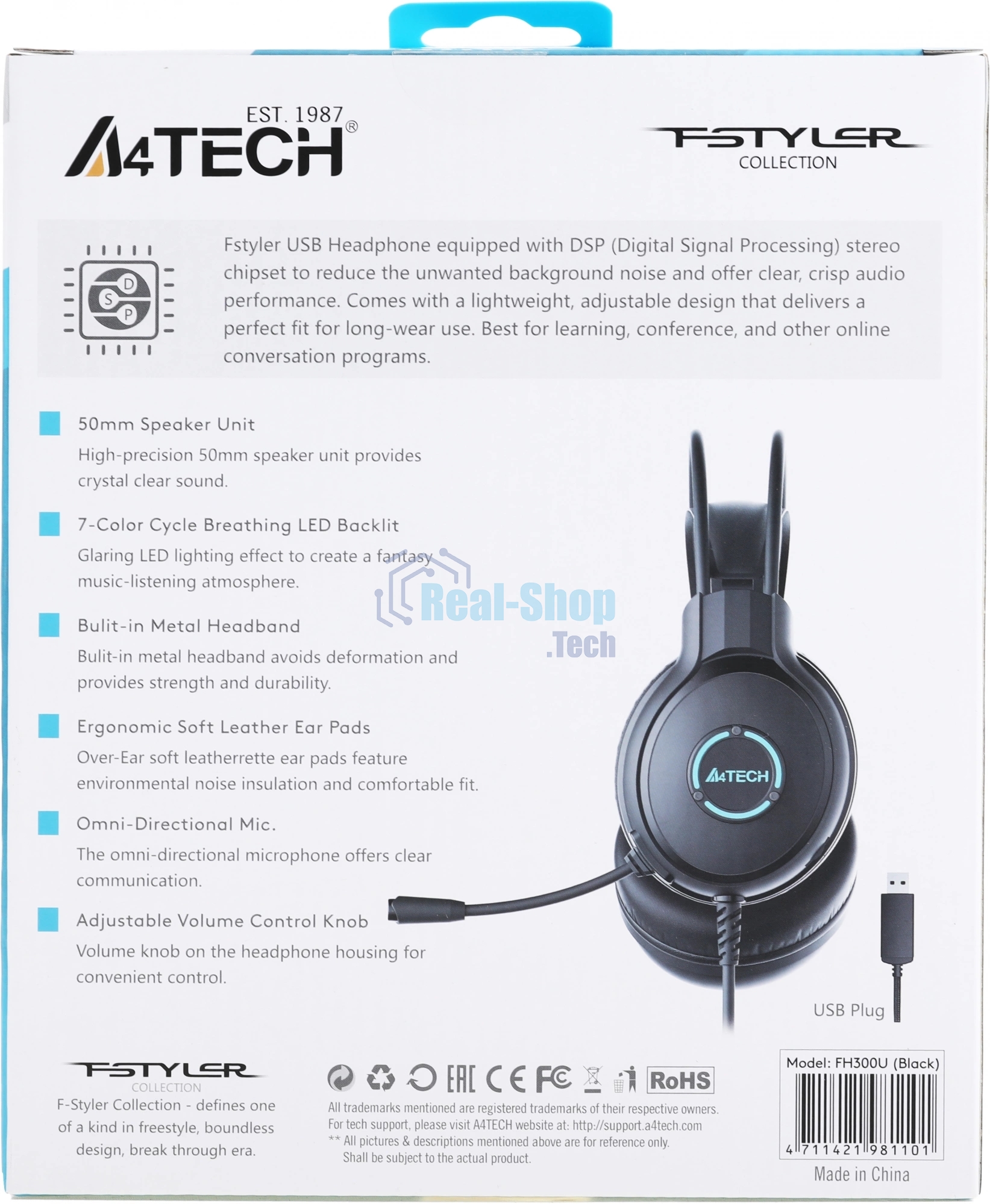 Гарнитура A4Tech Fstyler FH300U чёрный, проводная, USB, подсветка