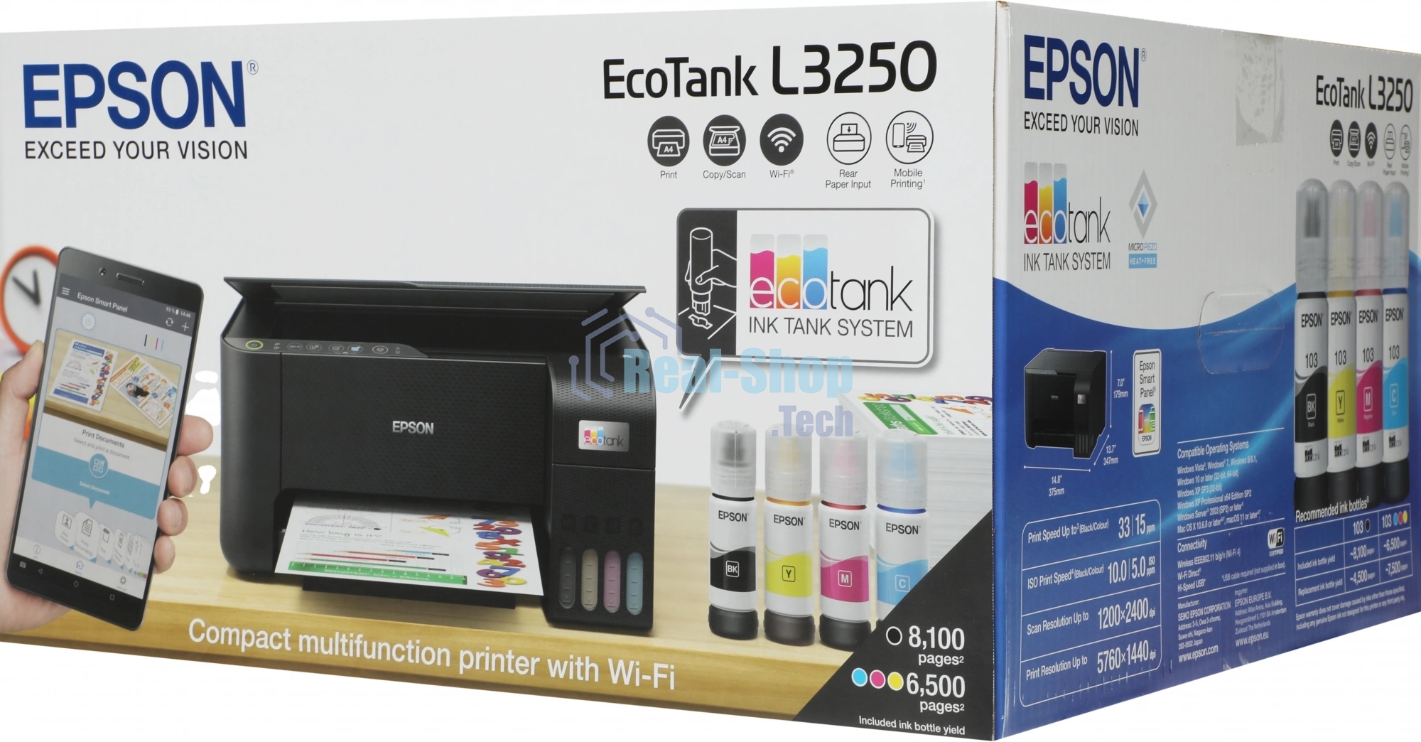 МФУ струйное Epson L3250 (C11CJ67412/C11CJ67418/C11CJ67405/C11CJ67408/C11CJ67503/C11CJ67508/C11CJ67523/C11CJ67525), A4, цветное, печ. до 33 стр/мин. (ч/б) до 15 стр/мин. (цвет), скан. до 11 стр/мин. (ч/б) 28 стр/мин. (цвет), 1440 x 5760 dpi (печать) 1200x2400dpi (скан.), USB, Wi-Fi