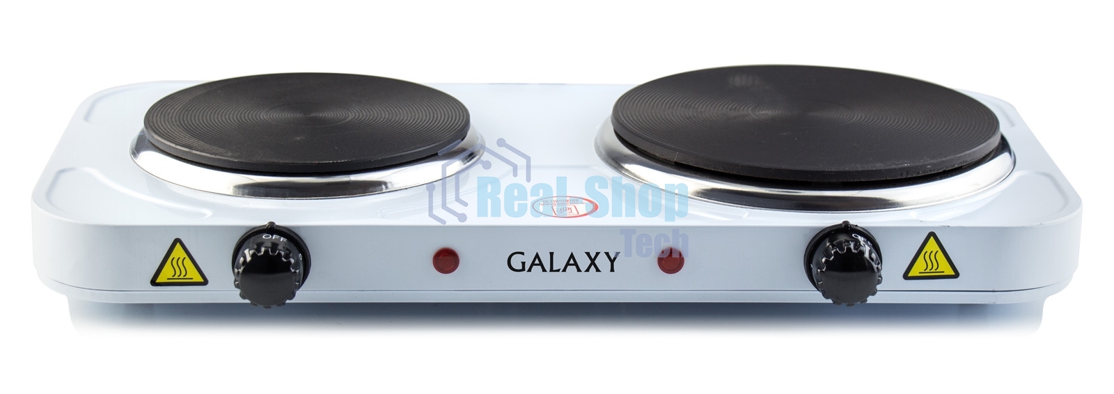 Плитка Galaxy Line GL 3002, белый, электрическая, 2500 Вт (1000Вт+1500Вт), 2 закрытых нагревательных элемента, макс. нагрузка 10 кг, диаметр нагрев. элементов 155 и 185 мм, металлический корпус покрыт эмалью, плавная регулировка температуры нагрева, 2 индикатора работы
